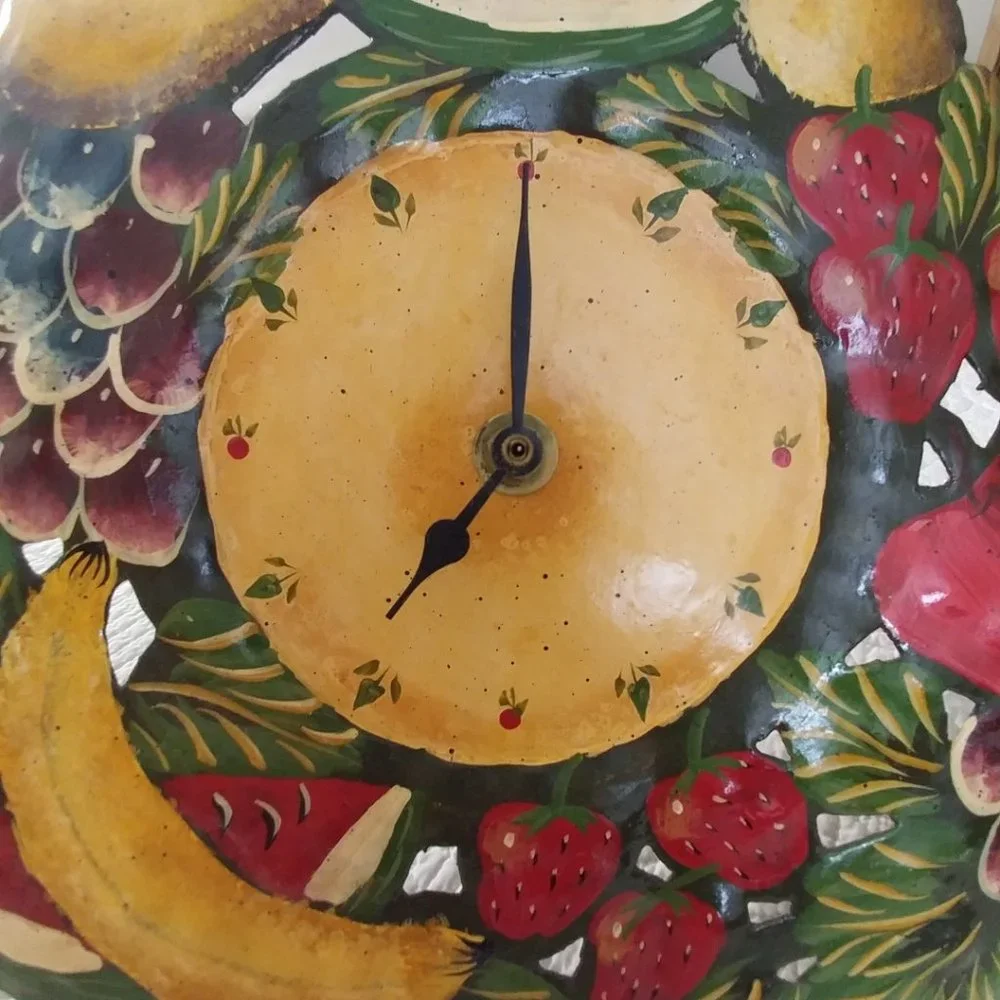 FARMHOUSE Standing/Hanging CLOCK -Mexican Pressed Tin Handpainted Fruit Wall Art